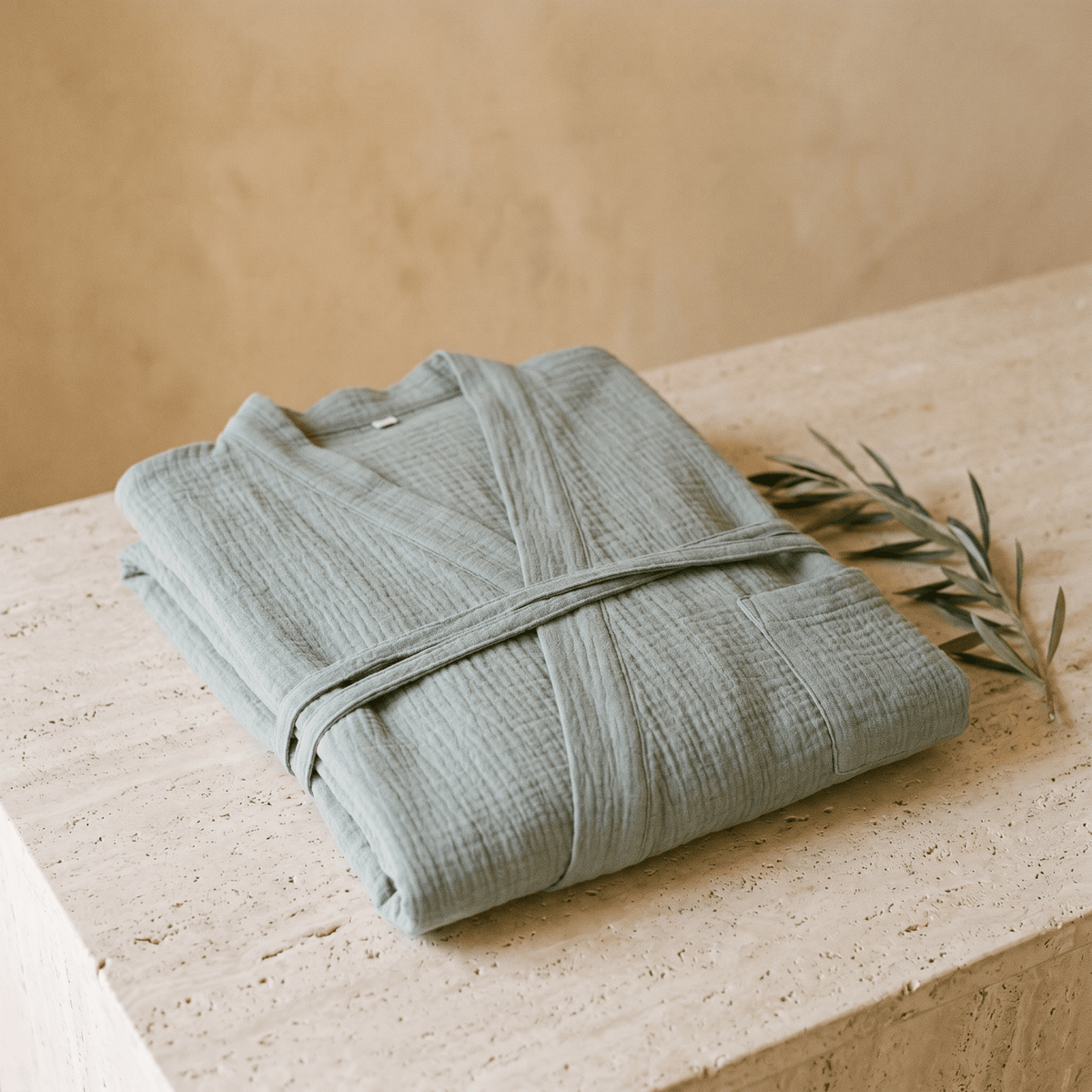 Accappatoio donna in garza di cotone verde salvia collo kimono