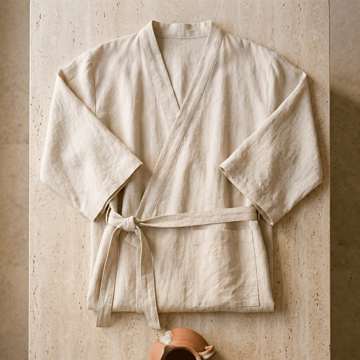 Accappatoio lungo da donna in cotone e lino con collo a kimono