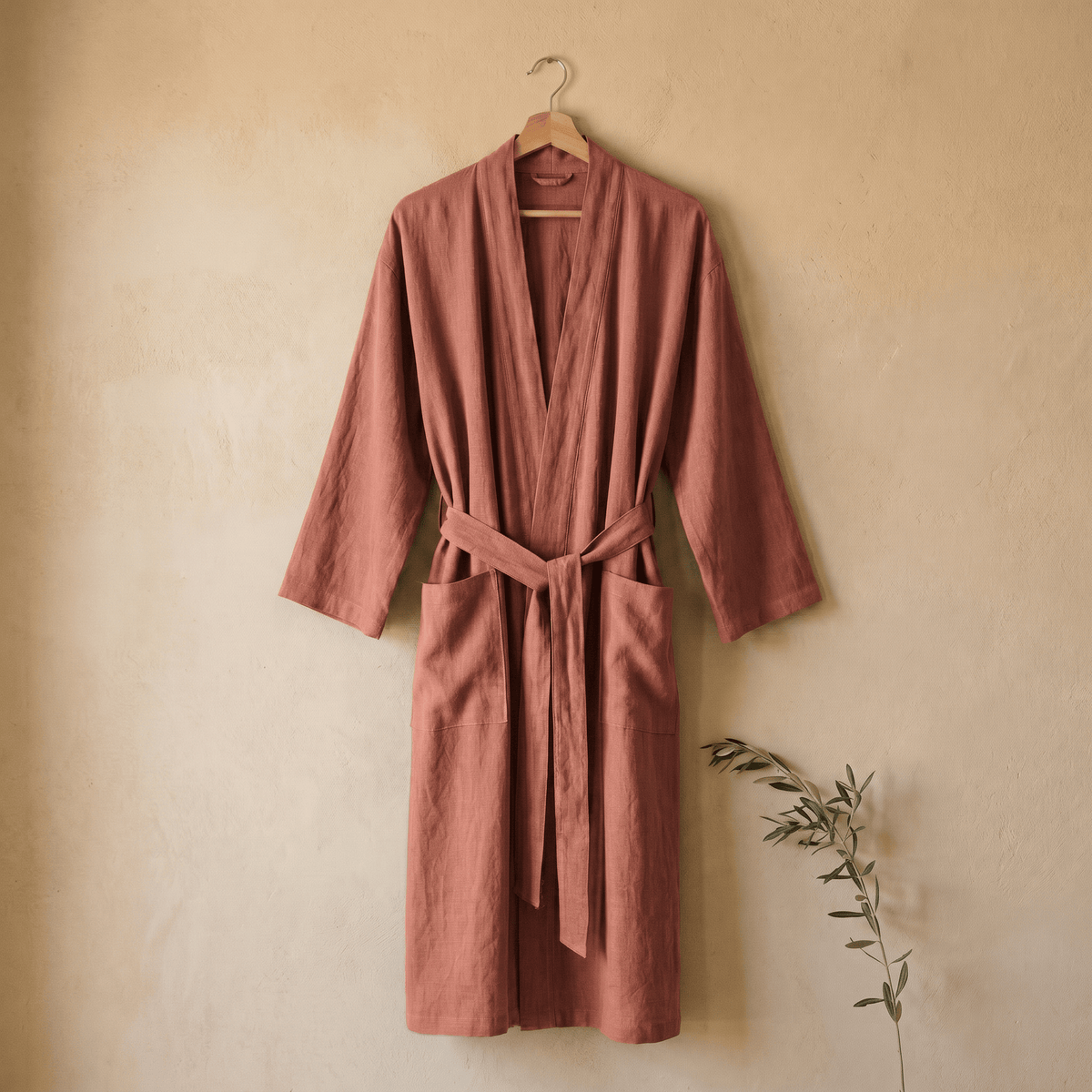 Accappatoio unisex lungo in cotone e lino collo kimono