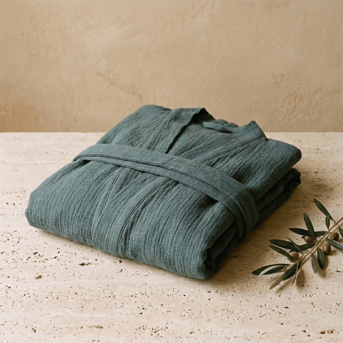 Accappatoio unisex lungo in cotone e lino collo kimono
