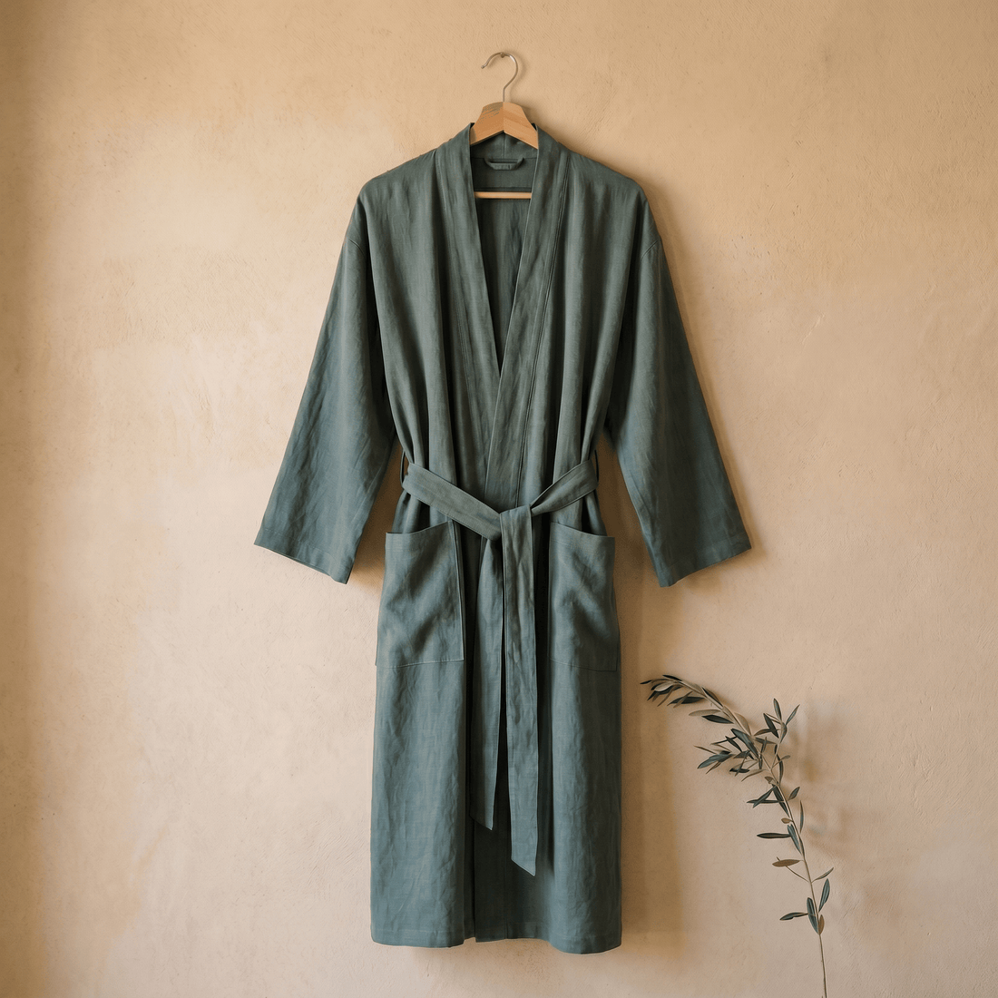 Accappatoio unisex lungo in cotone e lino collo kimono