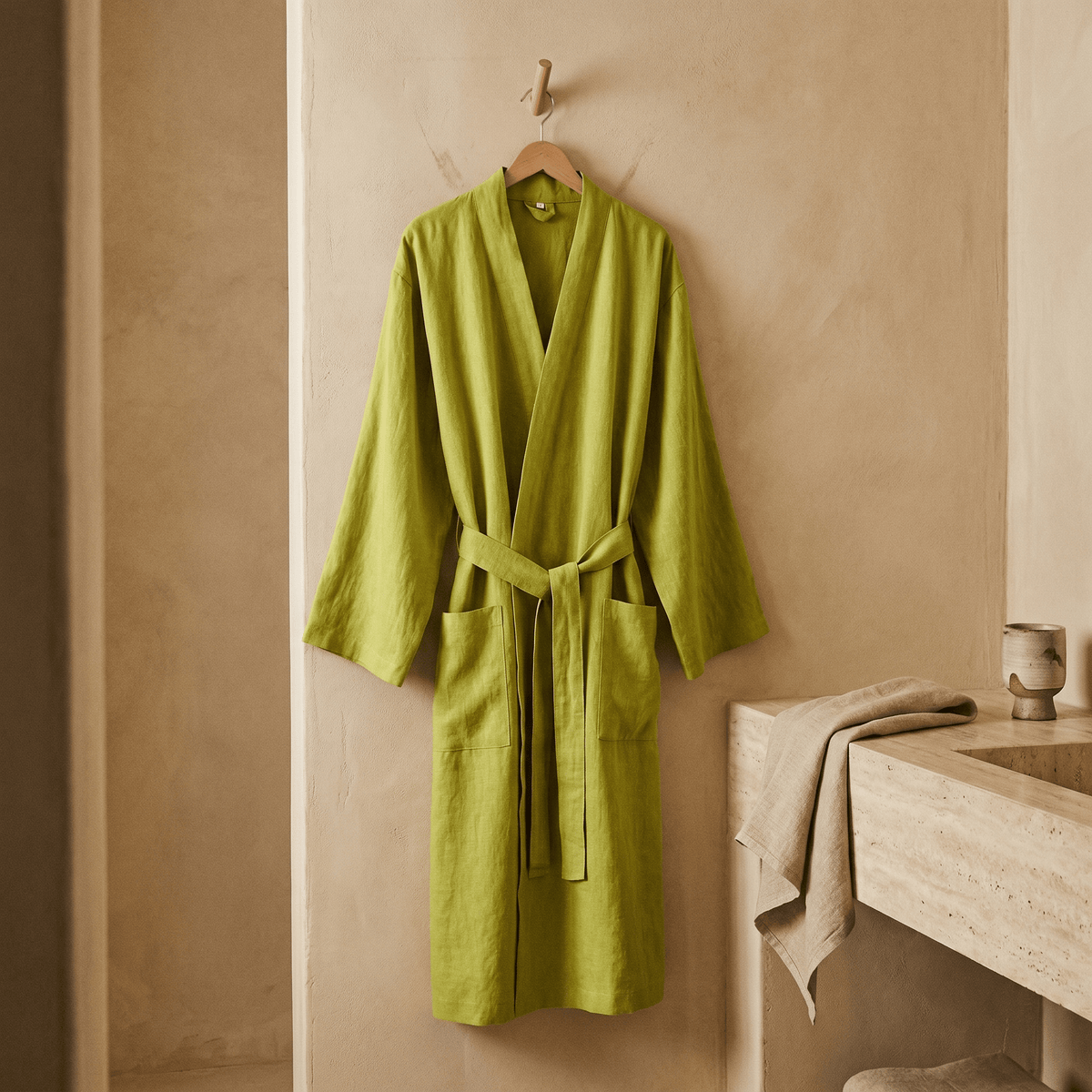 Accappatoio unisex lungo in lino e Tencel collo kimono