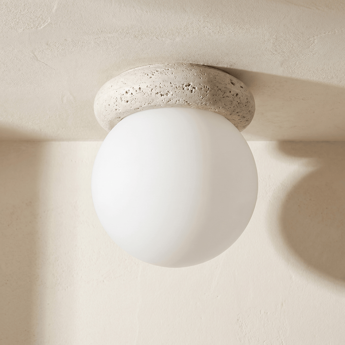 Plafonnier en Travertin & Grand Globe Opale