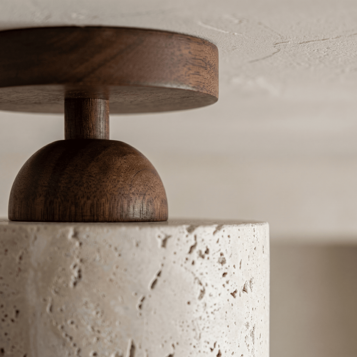 Plafonnier Tambour en Travertin & Bois Foncé