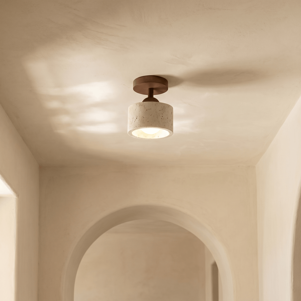 Plafonnier Tambour en Travertin & Bois Foncé