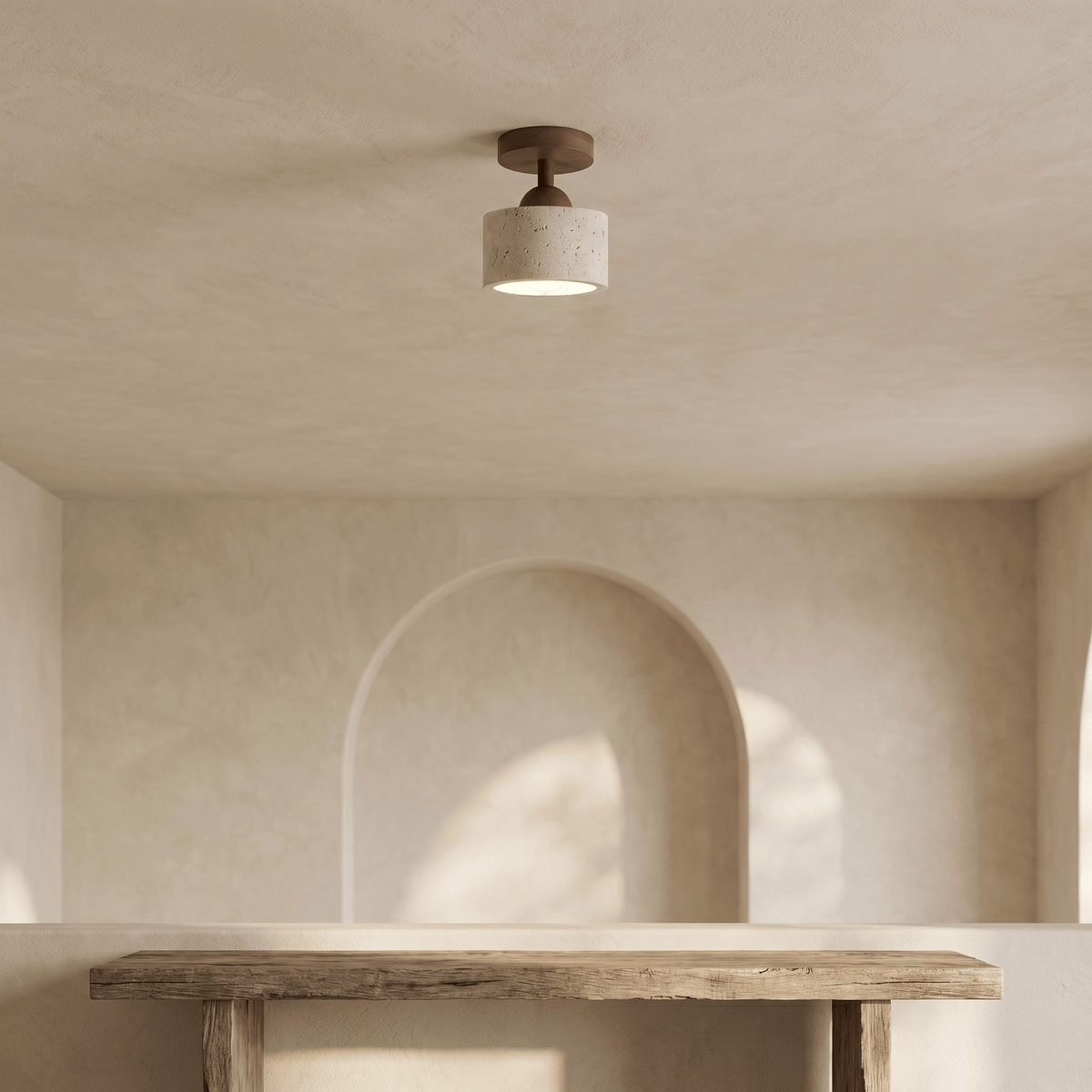 Plafonnier Tambour en Travertin & Bois Foncé