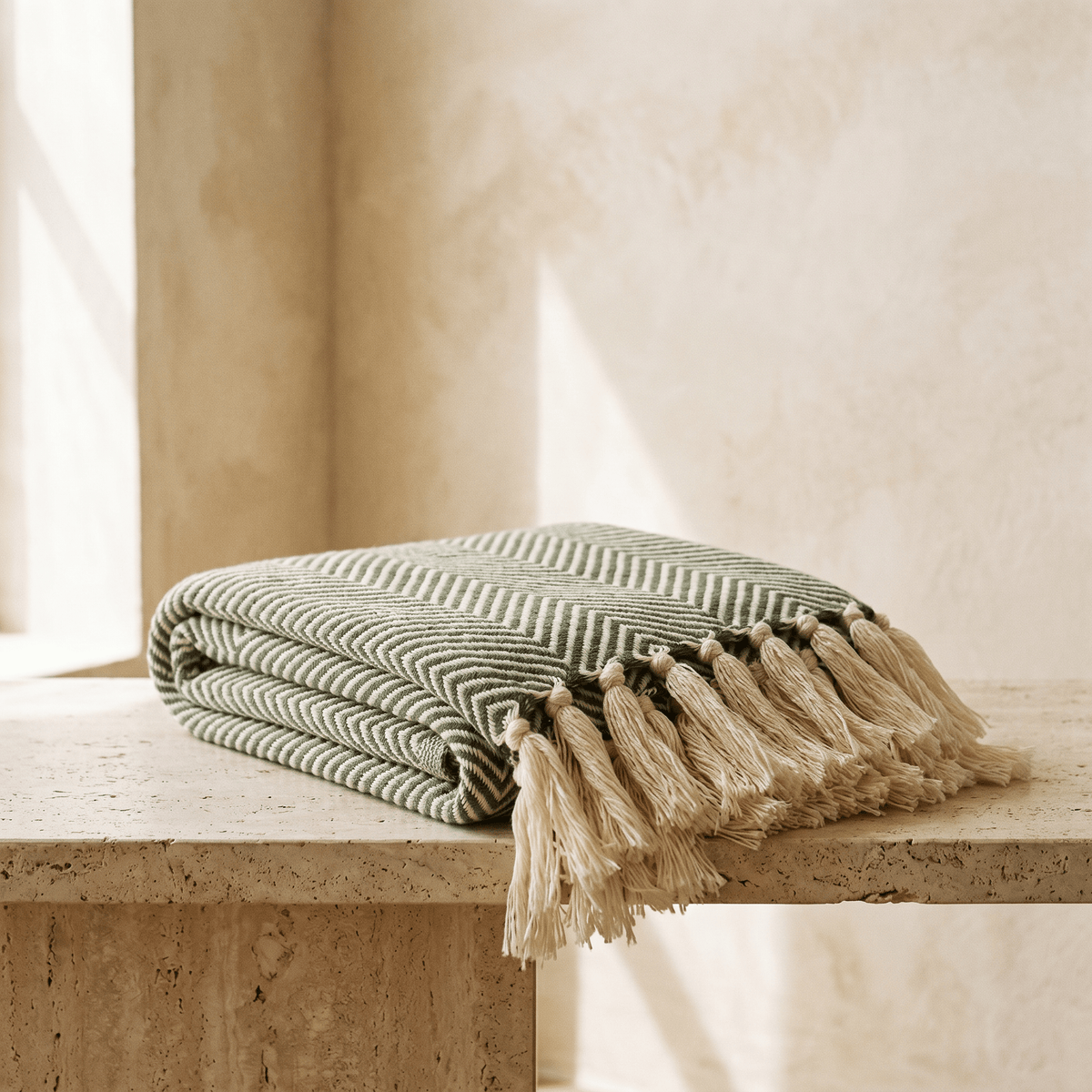 Plaid in cotone e lino a chevron con nappine