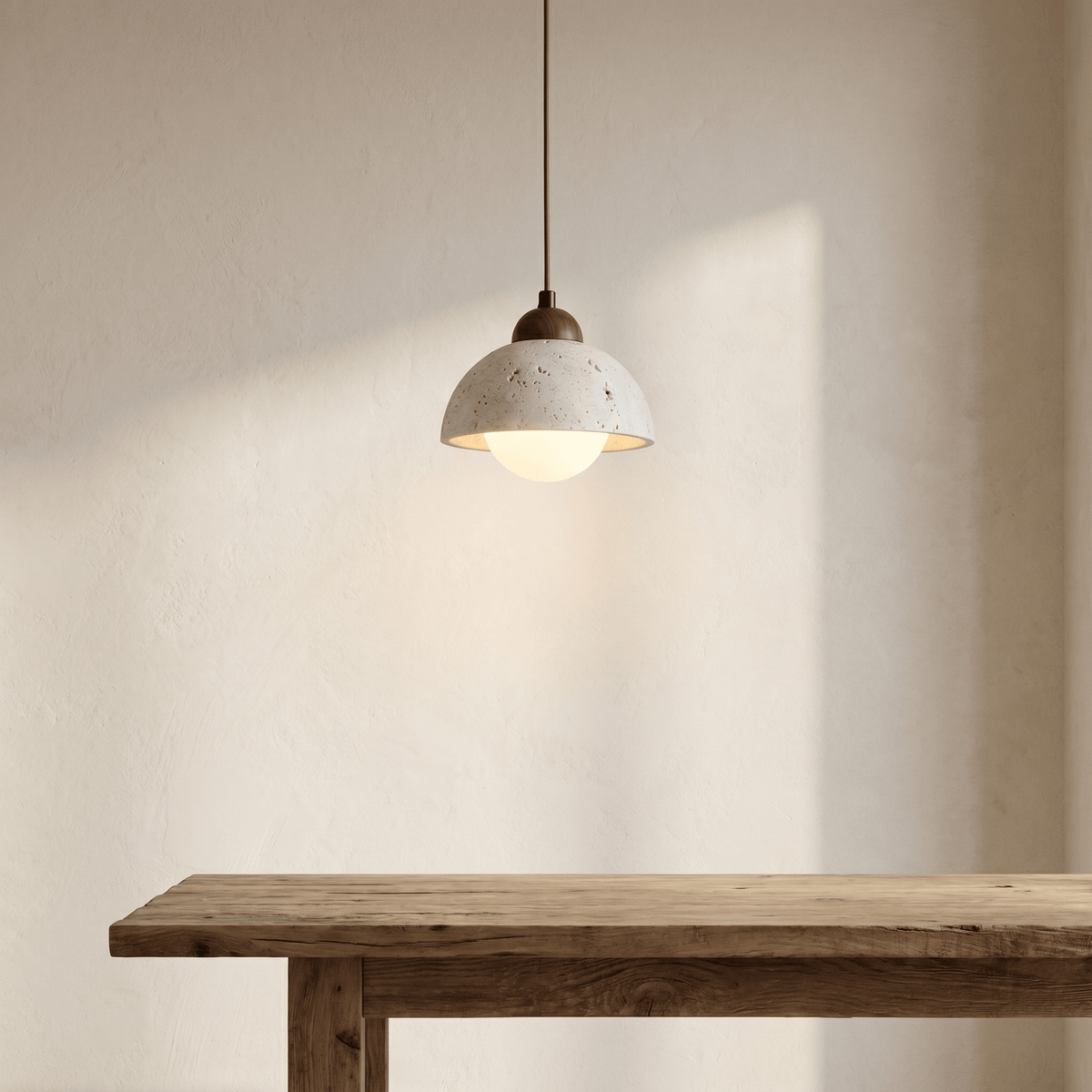 Suspension Coupelle en Travertin & Globe Opale