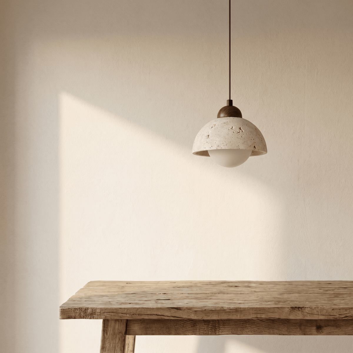 Suspension Coupelle en Travertin & Globe Opale