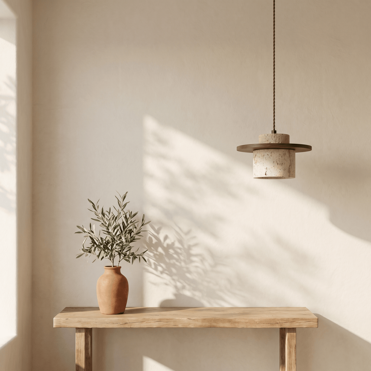 Suspension Cylindre en Travertin & Plateau Bois