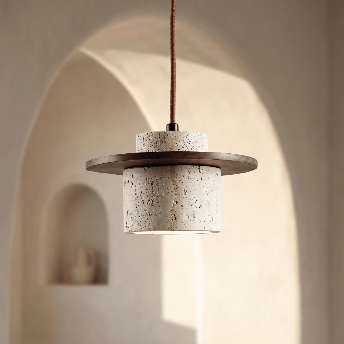 Suspension Cylindre en Travertin & Plateau Bois