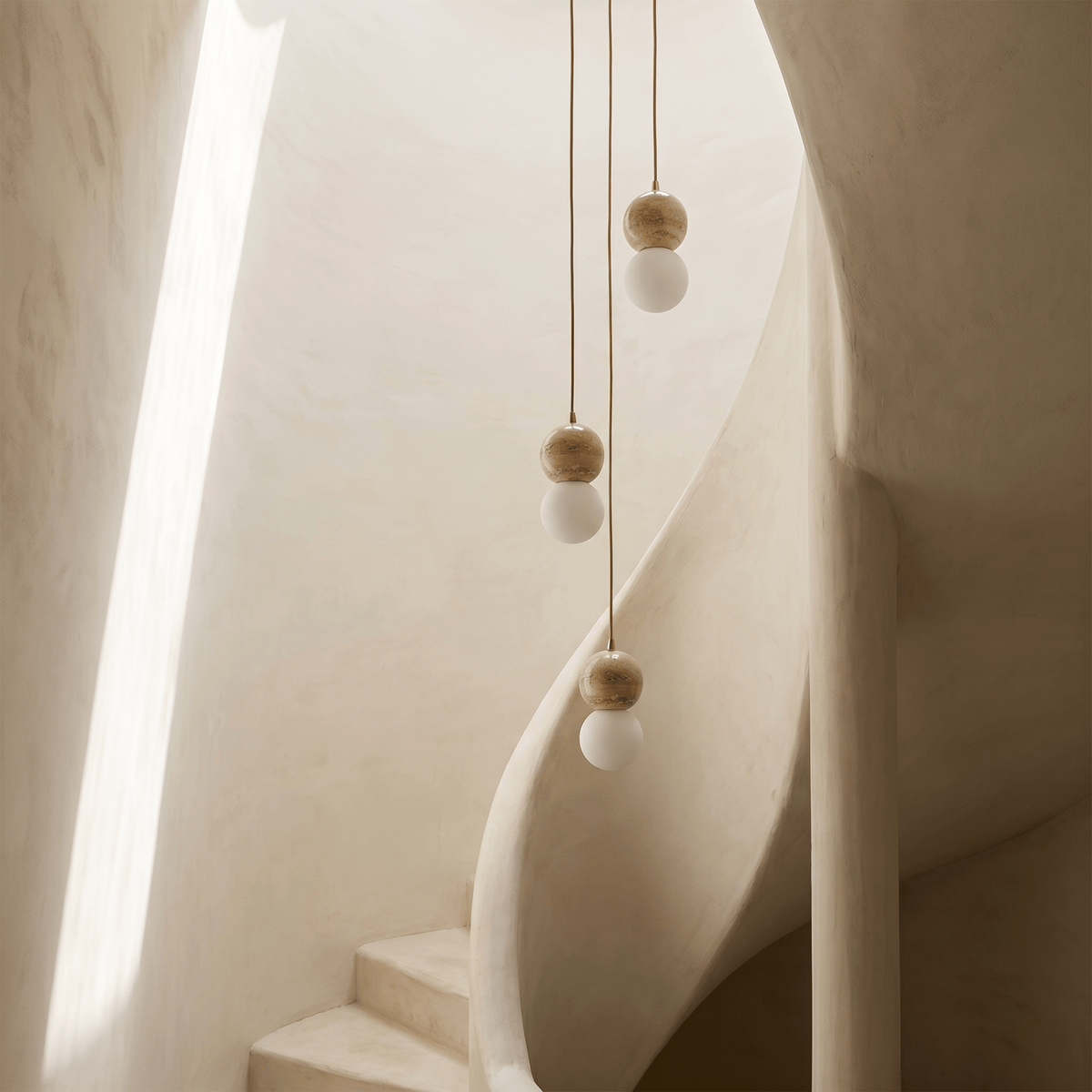 Suspension Double Sphère en Travertin & Verre Opale
