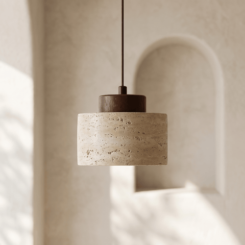 Suspension en Travertin & Capuchon Bois Foncé
