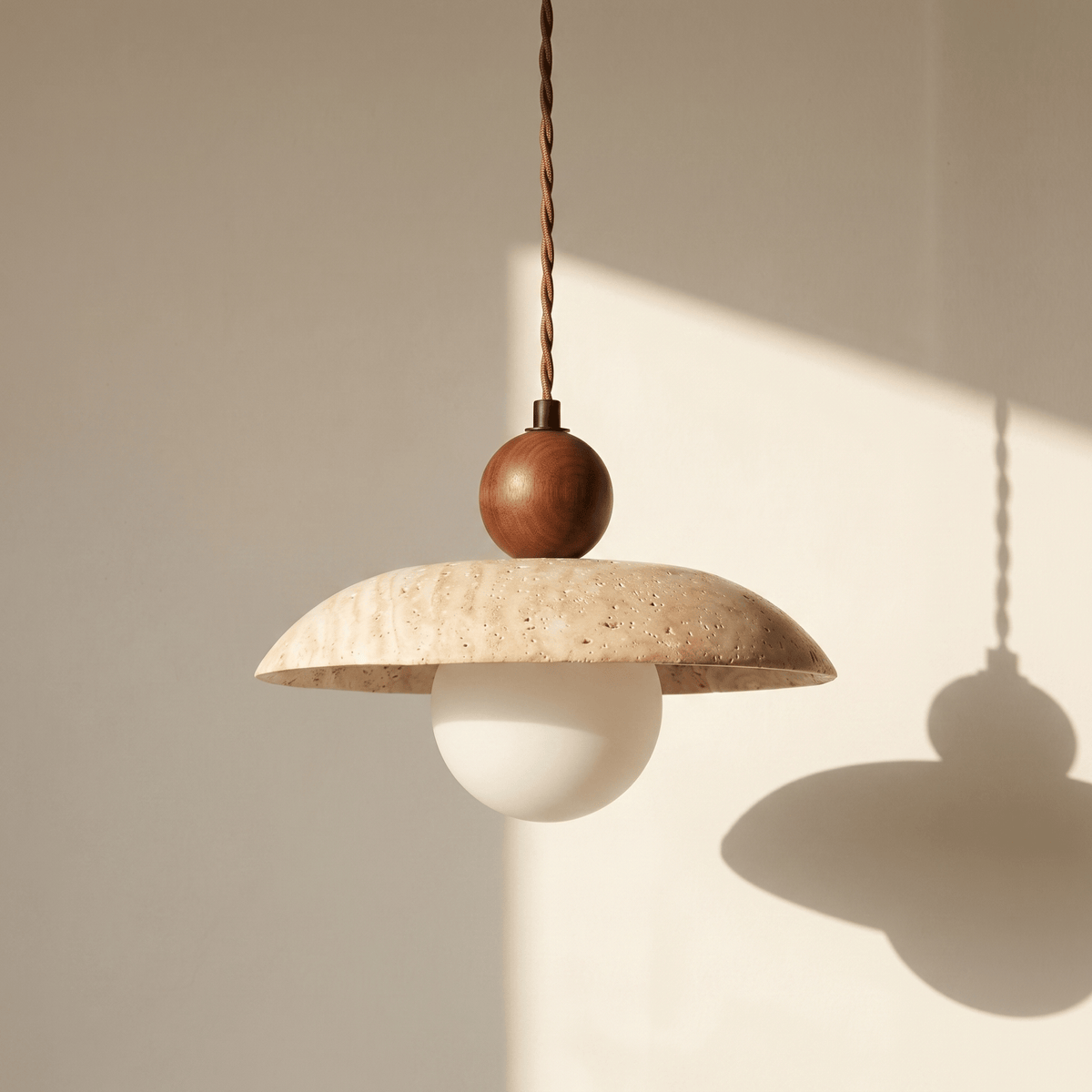 Suspension en Travertin Globe Opale & Bois