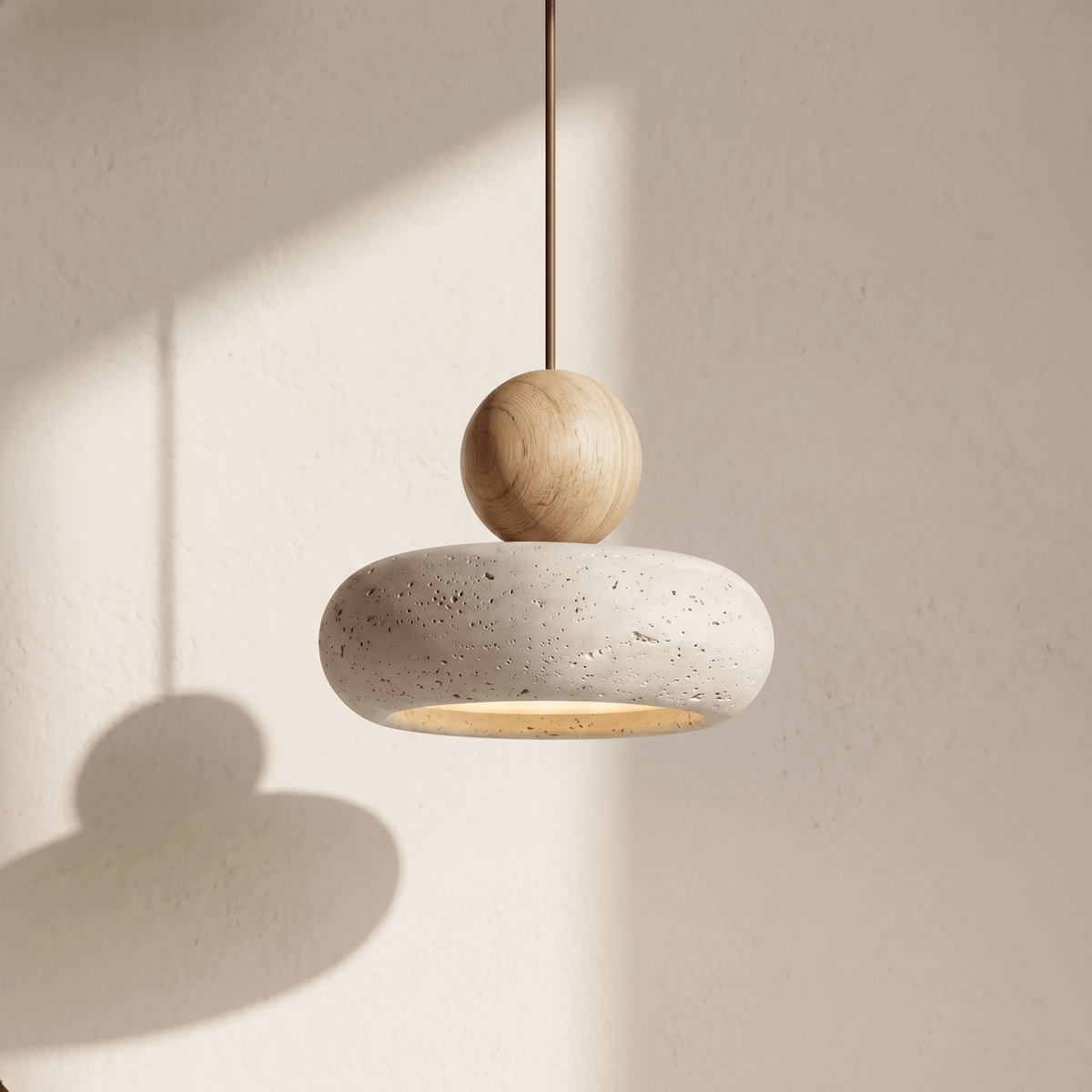 Suspension Galet en Travertin & Boule en Bois