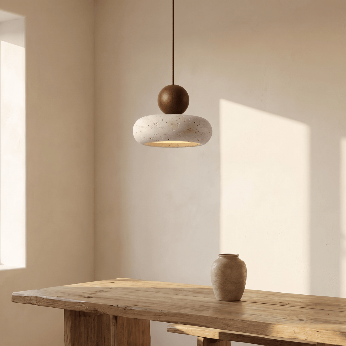 Suspension Galet en Travertin & Boule en Bois