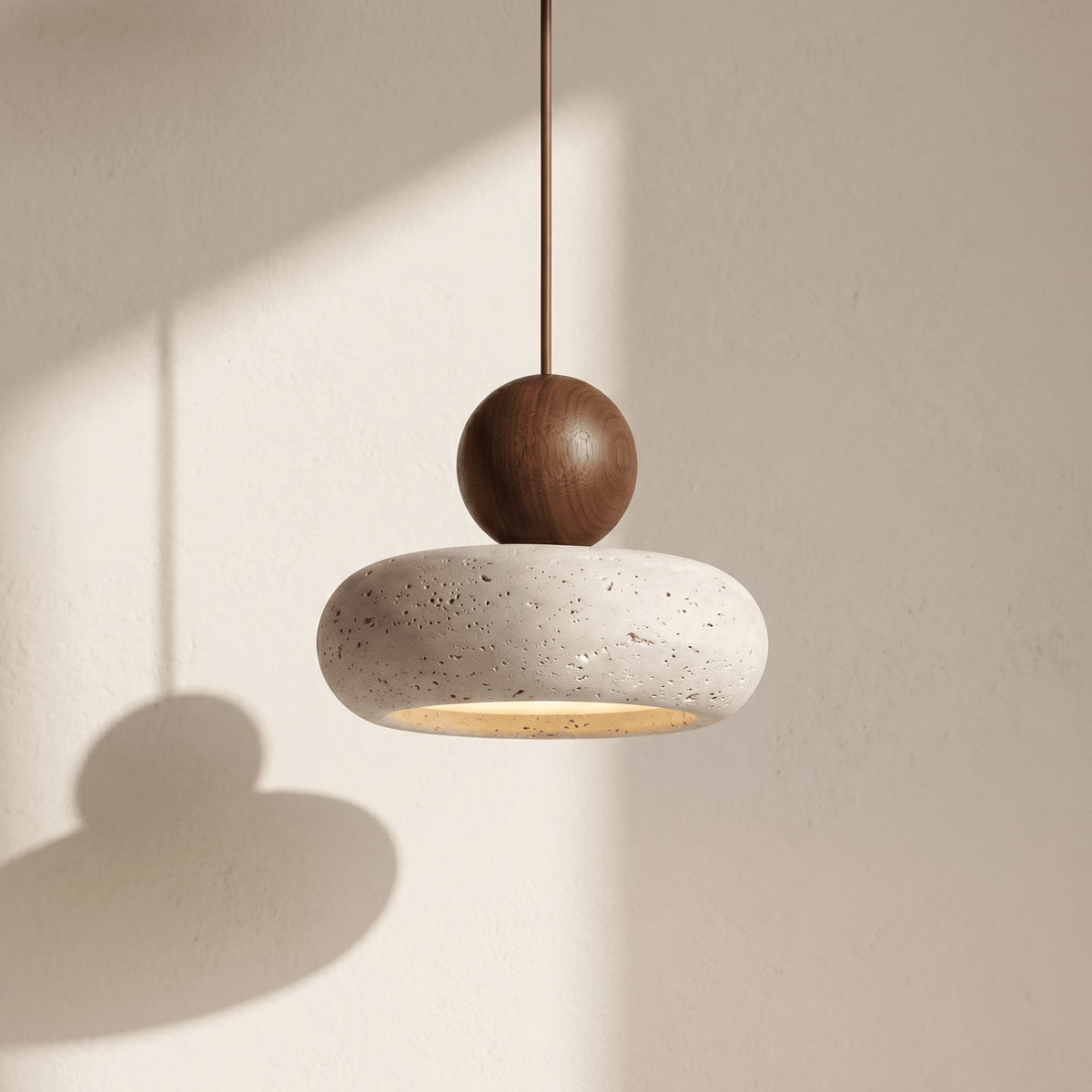 Suspension Galet en Travertin & Boule en Bois
