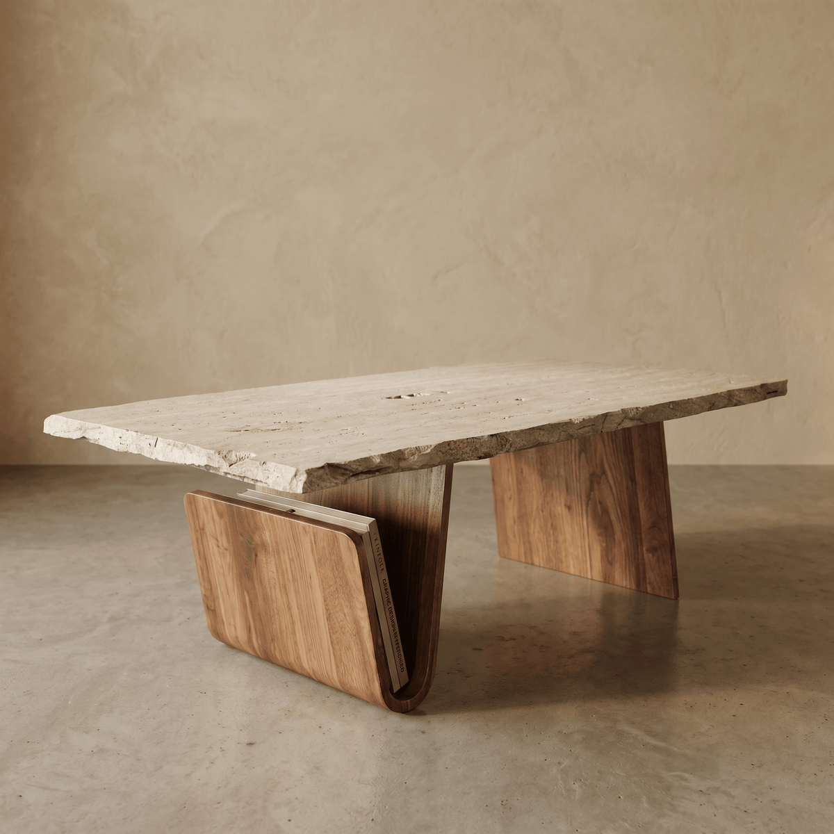 Table Basse en Travertin & Bois à Porte-Revues