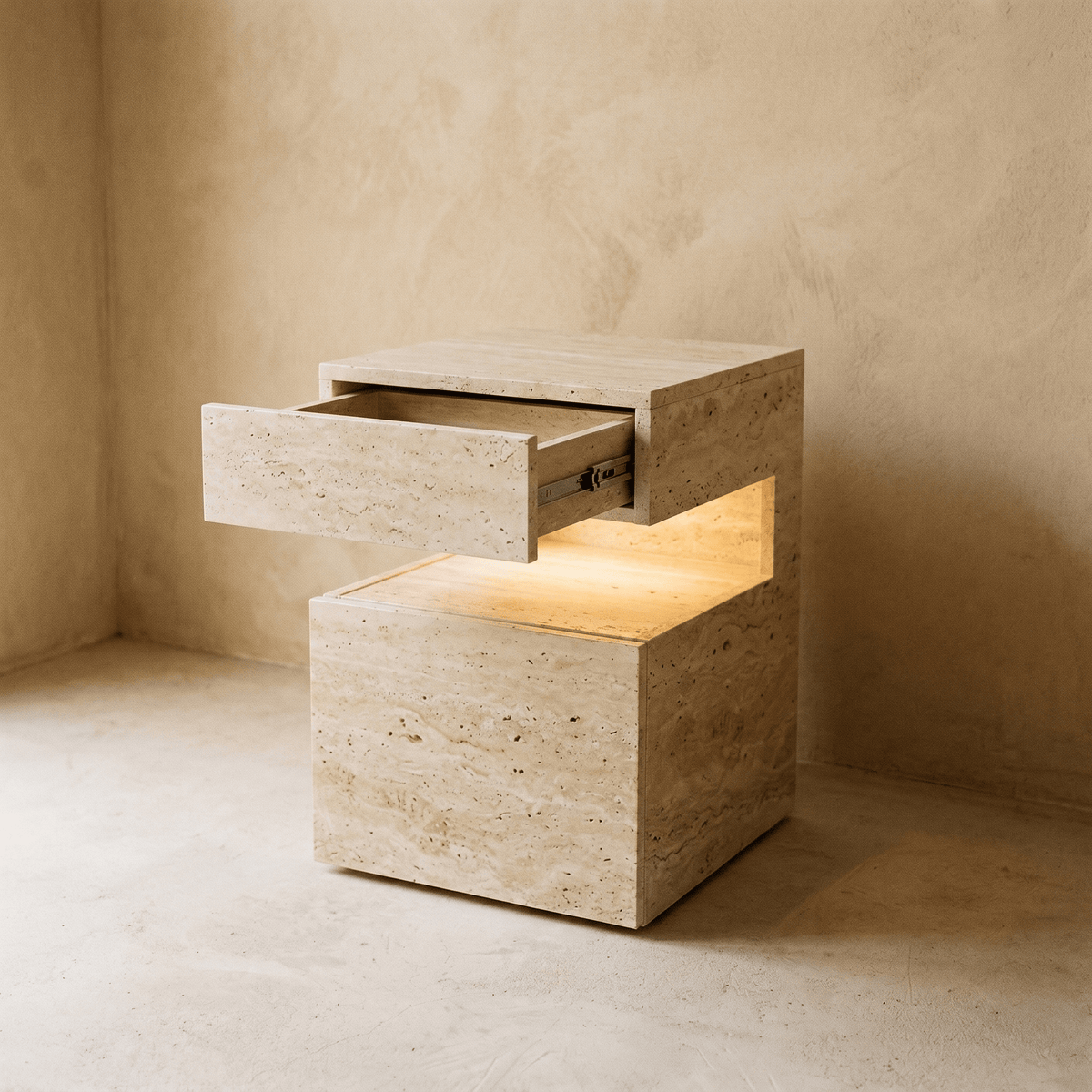 Table de Chevet en Effet Travertin à Deux Tiroirs