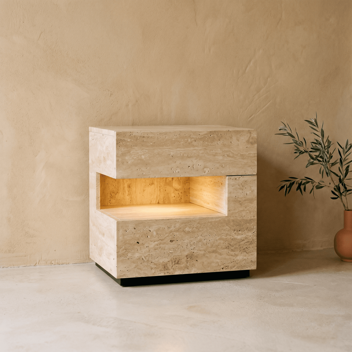 Table de Chevet en Effet Travertin à Niche Éclairée