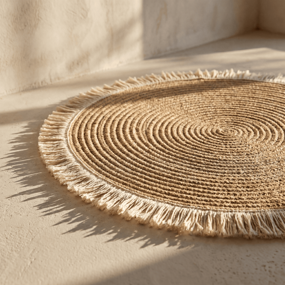 Tapis Rond en Coton Effet Jute Tressé à Franges