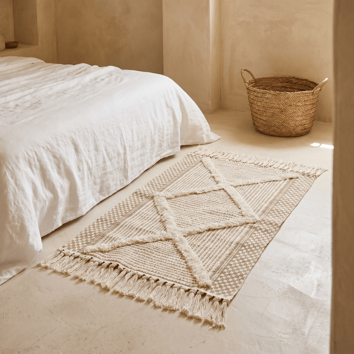 Tapis Tissé à Motif Losange & Franges